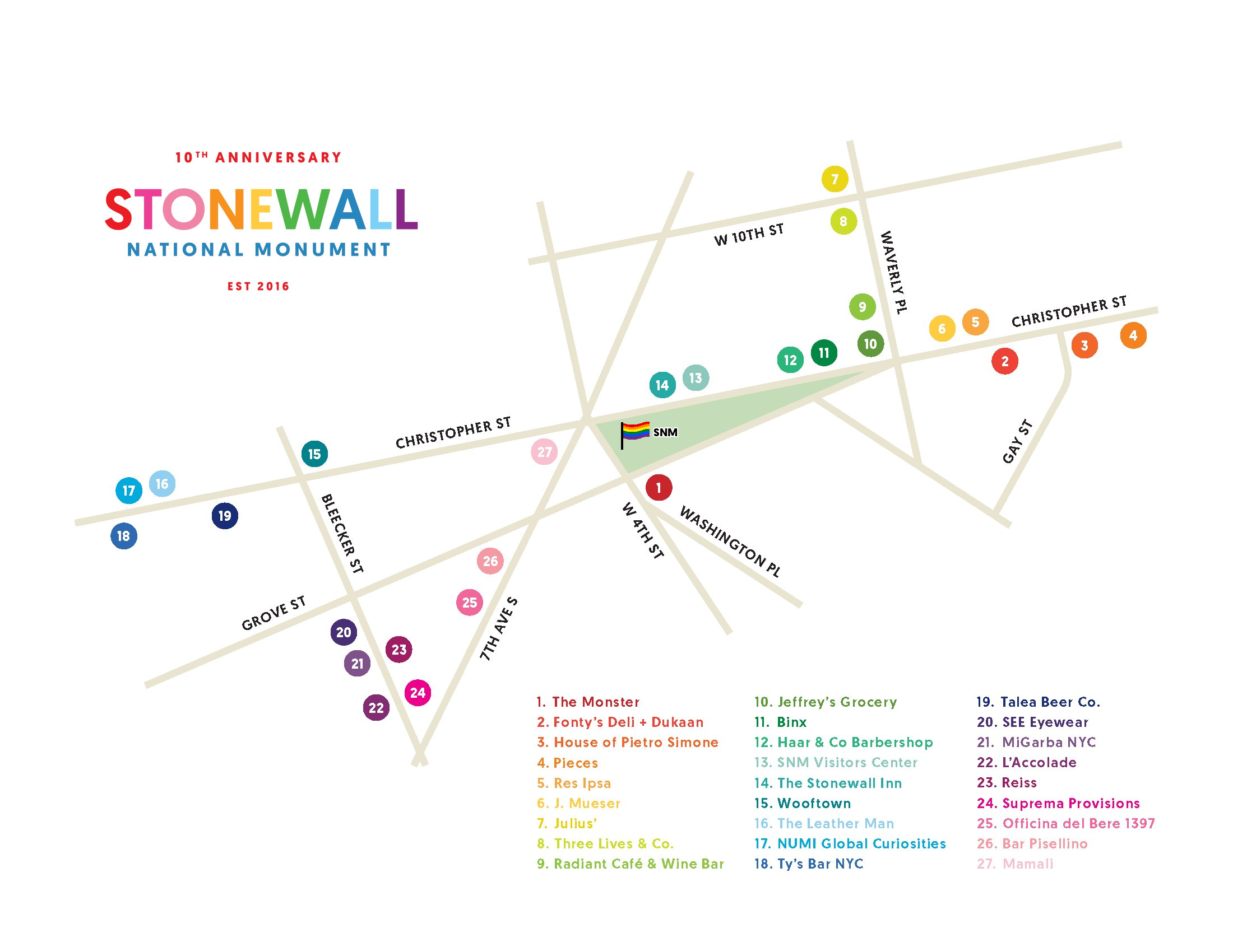 Stonewall National Monument 10th Anniversary walking map of 27 storefront locations in Greenwich Village.